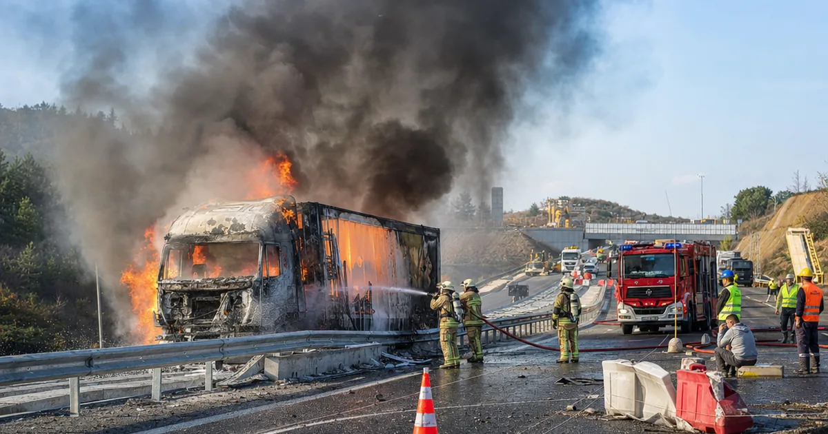 Alev topuna dönen TIR, Kuzey Marmara Otoyolu'nu kapattı