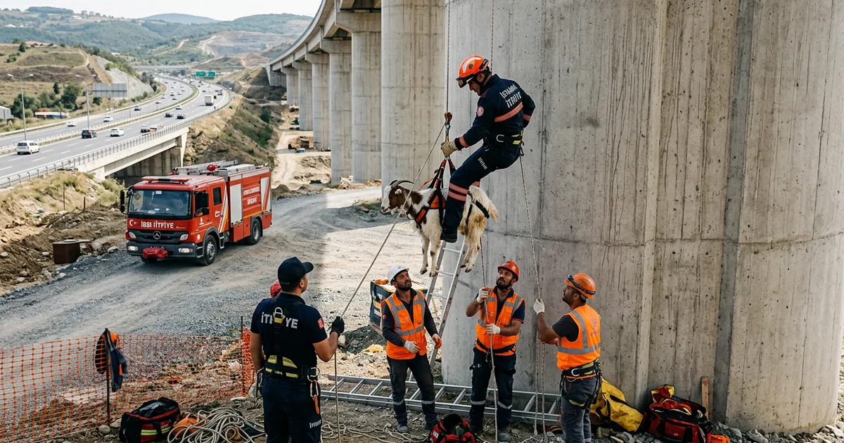 Viyadük ayağına tırmanan keçi itfaiye sayesinde kurtuldu