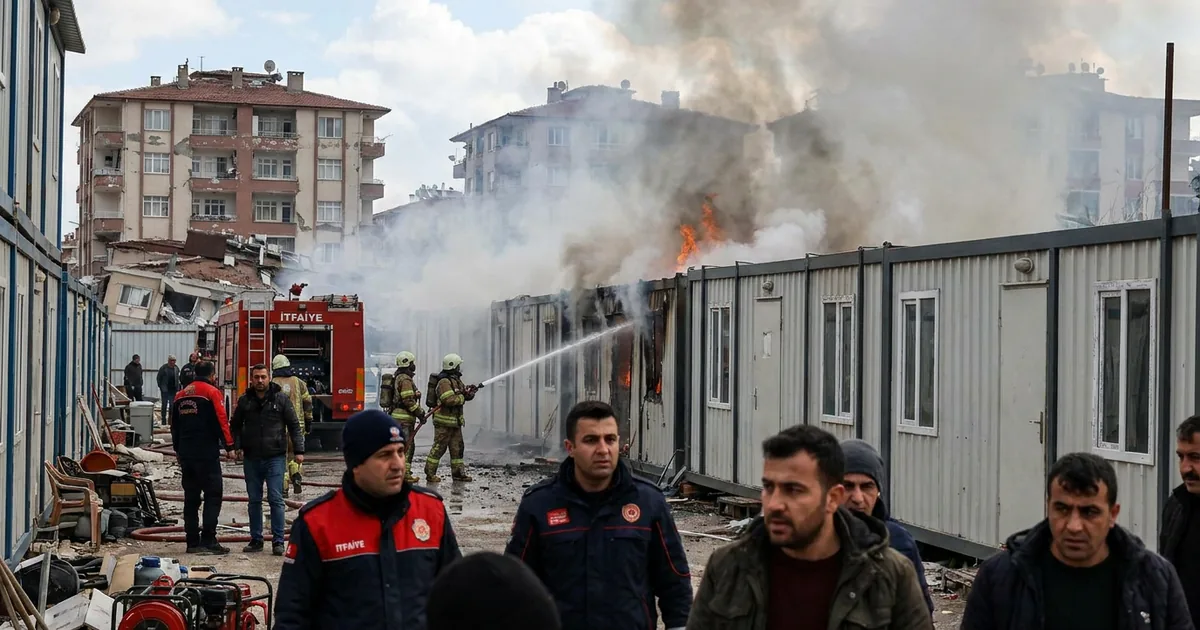 Deprem sonrası kullanılan konteyner ofislerde yangın çıktı